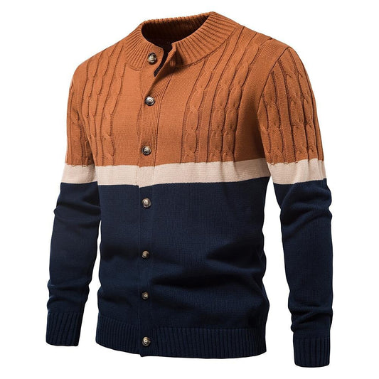 Cardigan torsadé en coton à col montant et rayures contrastantes pour homme