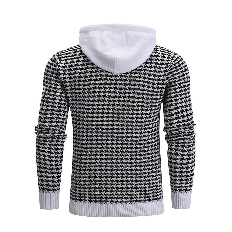 Pull à capuche pour homme en jacquard pied-de-poule, style vintage basique