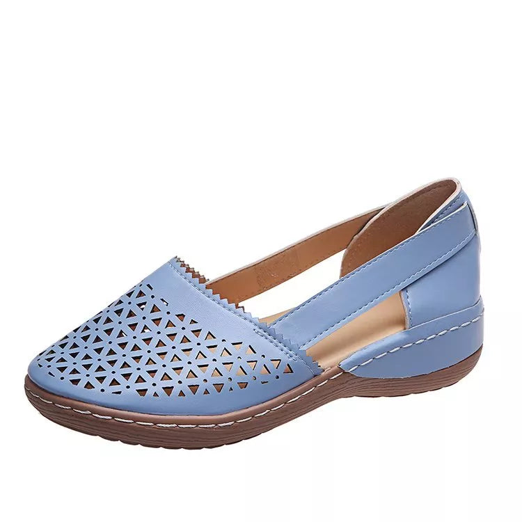 Sandales compensées orthopédiques évidées en PU de style vintage pour femme