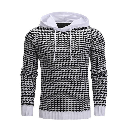 Pull à capuche pour homme en jacquard pied-de-poule, style vintage basique