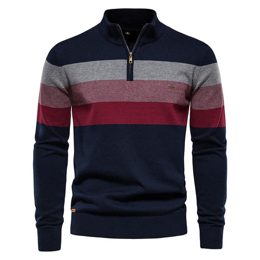 Pull homme à col montant zippé et rayures contrastées