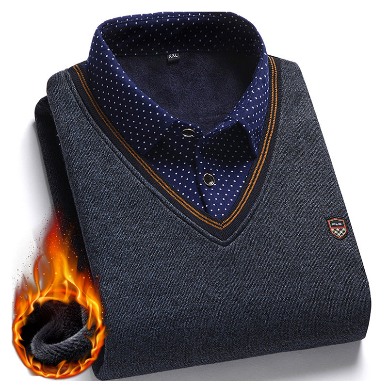 Pull en tricot pour homme, faux deux pièces, en polaire et patchwork