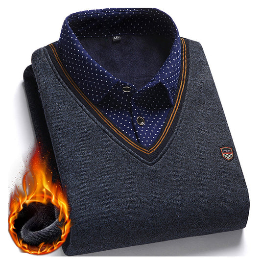 Pull en tricot pour homme, faux deux pièces, en polaire et patchwork
