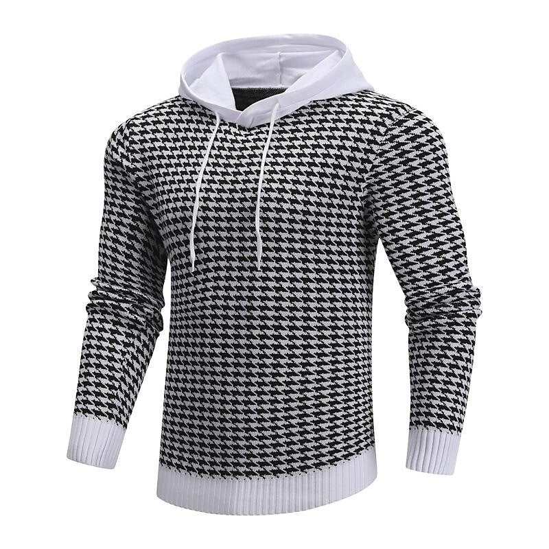 Pull à capuche pour homme en jacquard pied-de-poule, style vintage basique