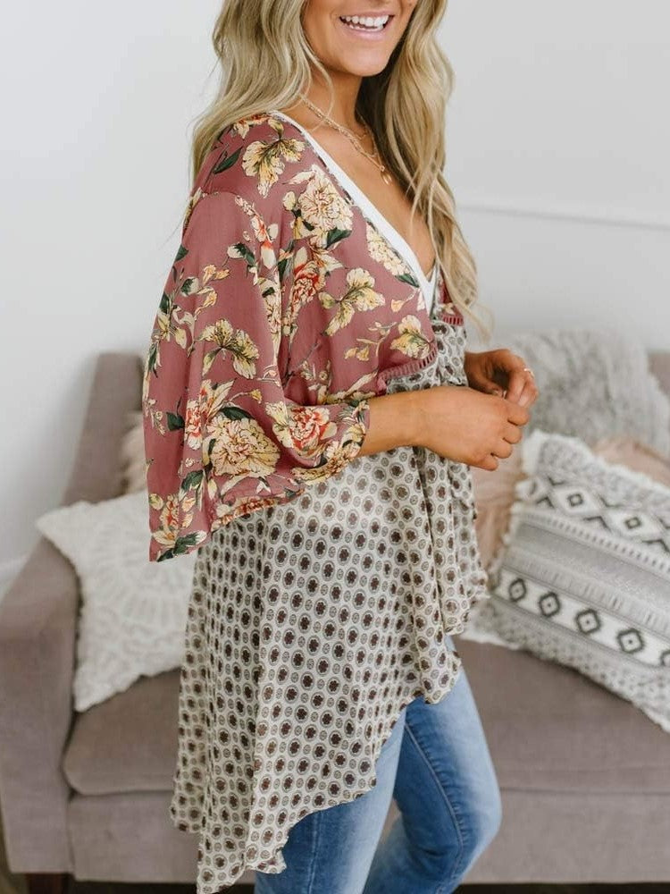 Damen Kimono mit Blumenmuster, Rüschenärmel, zum Binden, fließend, Boho, locker, als Überwurf