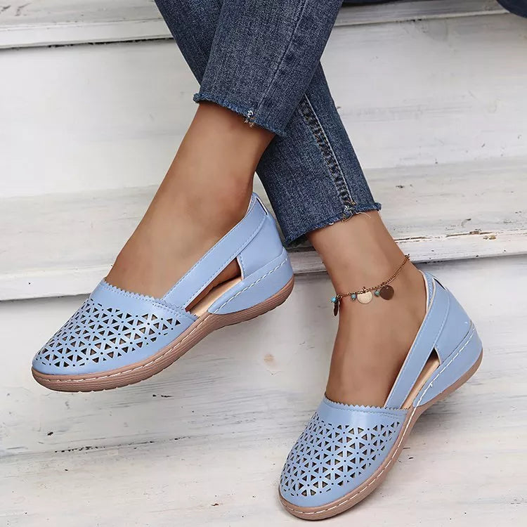 Sandales compensées orthopédiques évidées en PU de style vintage pour femme