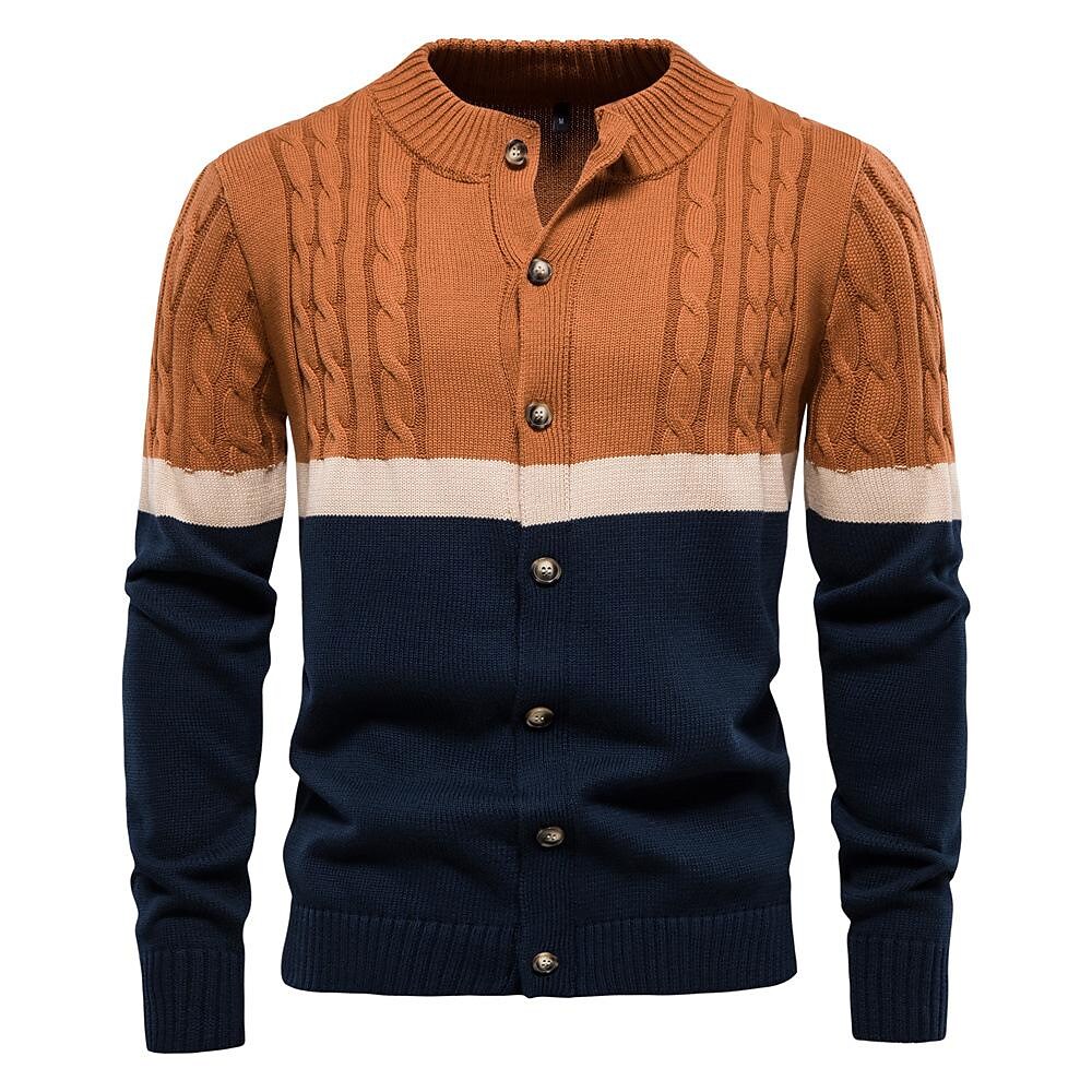 Cardigan torsadé en coton à col montant et rayures contrastantes pour homme