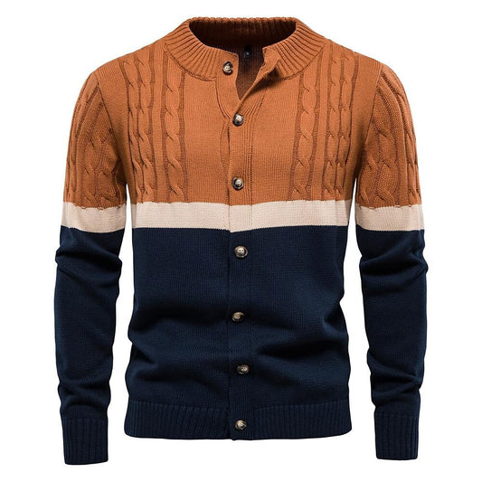 Cardigan torsadé en coton à col montant et rayures contrastantes pour homme