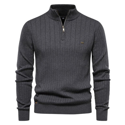 Pull homme en coton décontracté à col montant et demi-fermeture éclair