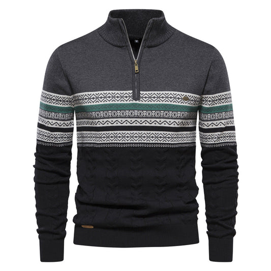 Pull en maille décontracté pour hommes à demi-fermeture éclair, motifs ethniques