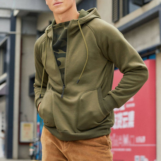 Sweat à capuche tendance en patchwork camouflage brossé à col en V zippé pour homme