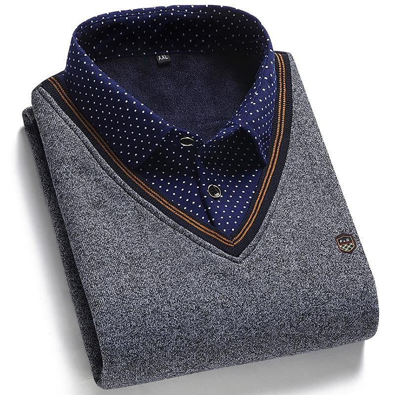 Pull en tricot pour homme, faux deux pièces, en polaire et patchwork