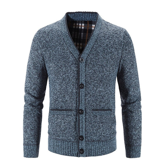 Cardigan boutonné col V en maille pour homme avec doublure en flanelle et poches